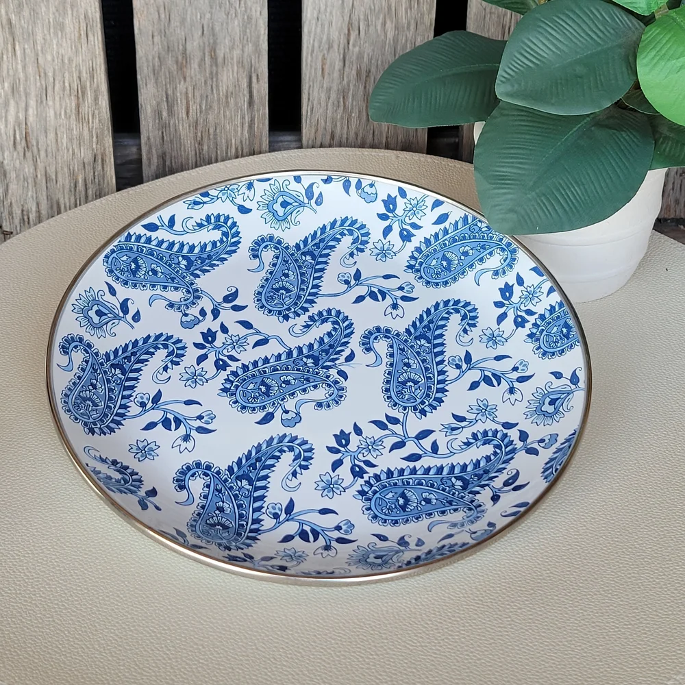Pottery Barn Elegant Blue Paisley Enamel Ware Silver Rim 8